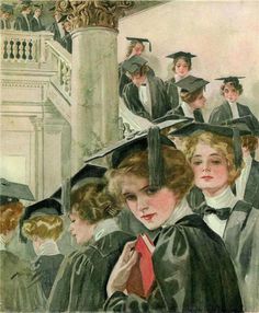 a painting of graduates in gowns and caps walking up the stairs to their seats