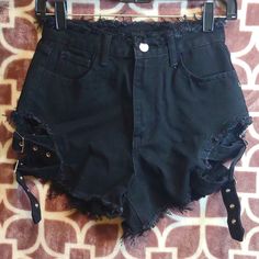 Nwot Women's Sexy/Punk Style High Waisted Black Jean Factory Distressed Cheeky Shorts. Frayed On Top And Frayed On Bottom Of Leg And Back Pockets 2 Adjustable Buckle Straps On Each Side Of Leg. Bought From (Shein) But Never Wore Them. Size: Xsmall Fits Like A Small Waist: 13" Flat Rise: 9" Flat Perfect Condition Comes From Smoking And Pet Free Home All Pre-Owned Items Are Dry-Cleaned Before Shipped Out Come Check Out My Other Listings In My Closet And Bundle And Save Alternative Style Club Bottoms With Belt Loops, Fitted Grunge Bottoms For Club, Alternative Style Bottoms With Belt Loops For Club, Punk Style Club Bottoms For Spring, Gothic Bottoms With Belt Loops For Party, Punk Style Bottoms For Spring Concert, Edgy Club Bottoms For Halloween, Gothic Black Short-length Bottoms, Black Emo Bottoms For Halloween