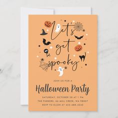 an orange halloween party card with pumpkins, bats and ghostes on it's side