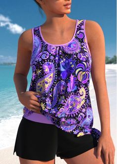 Color:Purple;Size:S;Size:M;Bra Style:Padded;Support:Wire Free;Pad Style:Unmovable;Strap Style:Adjustable;Package Contents:1 X Top , 1 X Shorts;Occasion:Sport;Style:Tribal; Pink Tankini, Summer Items, Bathing Beauty, Swimwear Suits, Black Tankini, Trendy Swimsuits, Boutique Style Outfits, Beginner Sewing, Purple Paisley