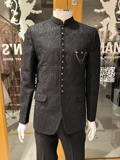 Note: The Mannequin's Chest Size is 38 & wearing size Small / 38.  The Jodhpuri jacket, also known as the "prince coat" or "short sherwani," is a timeless representation of royal elegance and sophistication. Ideal for weddings, formal events, and grand celebrations, this iconic garment combines traditional craftsmanship with contemporary flair, making it perfect for special occasions. Featuring a structured fit and a closed-neck design, the prince coat is crafted from fine fabrics and adorned wi Traditional Long Sleeve Embroidered Blazer, Festive Nehru Jacket With Intricate Embroidery For Winter, Traditional Fitted Embroidered Blazer, Fitted Long Sleeve Nehru Jacket With Chikankari Embroidery, Fitted Outerwear With Intricate Embroidery For Festive Season, Fitted Festive Outerwear With Intricate Embroidery, Festive Fitted Outerwear With Intricate Embroidery, Festive Fitted Blazer With Intricate Embroidery, Fitted Embroidered Festive Blazer