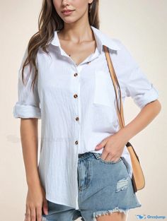 Orcajump - Simple Solid Shirt, Casual Button Front Long Sleeve Shirt, Women's Clothing Casual White Solid Color Shirt, Casual Button-up Blouse, Casual Solid Color Button-up Blouse, Casual Tops With Solid Color And Casual Collar, Casual Collar Top With Button Closure For Beach, Casual Shirt With Buttoned Pockets And Casual Collar, Casual Solid Shirt With Buttoned Pockets, Solid Button-up Top With Buttoned Pockets, Solid Color Button-up Top With Buttoned Pockets