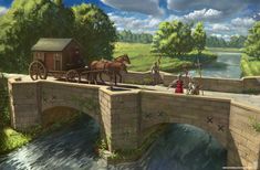 a painting of a horse drawn carriage crossing a bridge