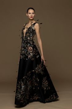 Plunging neckline feathered floral motif gown - HerTrove Feather Couture, Isabel Sanchis, Dress With Feathers, Exclusive Gowns, Dress Name, Couture Details, فستان سهرة, A Line Gown, Couture Gowns