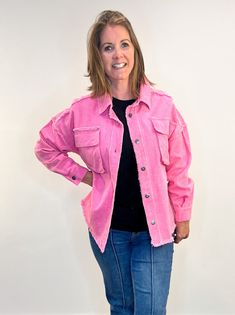 Stay chic and effortless in our Washed Oversized Denim Chambray Jacket. With long sleeves, a button-up front, and patch pockets, this jacket is perfect for any occasion. The frayed hem, raw edge detail, and drop shoulder add a touch of edginess to your look. Get that cool, undone vibe with our frayed denim jacket. Functional Button Up Shacket Frayed Hem Patch Pockets Raw Edge Detail Oversized Fit with Drop Shoulder Trendy Washed Shacket For Spring, Trendy Washed Shacket, Oversized Button-up Outerwear With Frayed Hem, Oversized Outerwear With Frayed Hem And Long Sleeves, Oversized Fall Outerwear With Frayed Hem, Oversized Outerwear With Frayed Hem For Fall, Winter Outerwear With Frayed Hem And Relaxed Fit, Trendy Washed Utility Jacket, Pink Washed Long Sleeve Outerwear