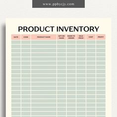 a printable product inventory sheet with the words product inventory written in black on it