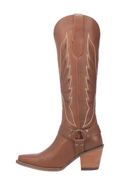 Intricate eagle-shaped stitching furthers the Western style of a knee-high boot embellished with harness straps at the ankle. 2 1/2" heel 16" shaft Removable insole Leather upper/textile lining/rubber sole Imported Knee-high Riding Boots With Buckle Closure, Western Leather Knee-high Boots For Ranch, Leather Western Knee-high Boots For Ranch, Western Knee-high Boots With Reinforced Heel, Leather Knee-high Heeled Boots For Rodeo, Wide Calf Snip Toe Knee-high Boots For Rodeo, Wide Calf Knee-high Boots With Snip Toe For Rodeo, Leather Knee-high Boots For Ranch, Leather Western Knee-high Boots With Snip Toe