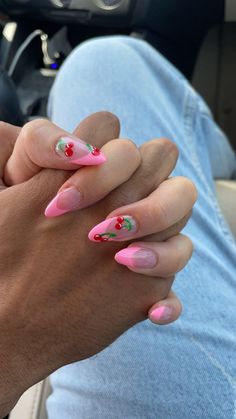 Almond shaped pink french tip nails with cherry details on the thumbs and middle fingers Cherry Nails, Cute Nail Art Designs, Almond Shape Nails, Almond Nails Designs, Funky Nails, Nail Arts, Best Acrylic Nails, Cute Acrylic Nails