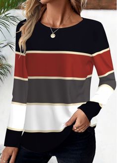 Color:Deep Red;Size:M;Size:L;Size:XL;Size:XXL;Package Contents:1 X T Shirt;Occasion:Other;Style:Casual; Red Graphic Print Top For Fall, Casual Red T-shirt For Fall, Color Block Crew Neck Top For Fall, Casual Red Tops For Fall, Red Color Block Long Sleeve Top, Striped Tops With Graphic Print For Fall, Striped Crew Neck Top For Fall, Trendy Long Sleeve Red T-shirt, Trendy Red Long Sleeve T-shirt