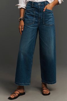 100% cotton Front and back patch pockets Front zip Machine wash USA | Virginia High-Rise Cuff Jeans by ASKK NY in Blue, Women's, Size: 26, Cotton at Anthropologie Patch Pocket Jeans, Cuff Jeans, Cuffed Jeans, Cropped Flare Jeans, Cropped Flares, Back Patch, Mid Rise Jeans, Pocket Jeans, White Beige