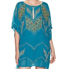 The Detail Is Amazing ! Pretty Teal Blue Casual Multicolor Embroidered V-neck Dress, Multicolor Embroidered Beach Cover-up Dress, Bohemian Blue Multi-stone Turquoise Necklace, Bohemian Multicolor Print V-neck Kaftan, Vibrant Print V-neck Tunic, People Dress, Free People Dresses, Free People Dress, Teal Blue