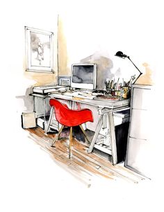 a drawing of a desk with a red chair and computer monitor on top of it