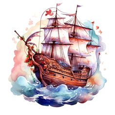 a watercolor painting of a pirate ship in the middle of the ocean with flowers on it