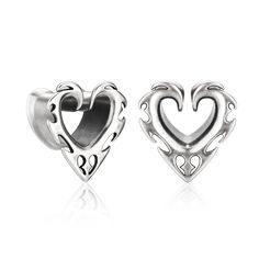 two heart shaped earrings with hearts in the middle and an openwork design on each side