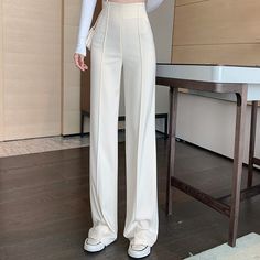 Beige High Waist Loose Wide Leg Pants Non-stretch Pants For Office, Beige Non-stretch High-waisted Dress Pants, Non-stretch Office Pants, Elegant Non-stretch Solid Color Wide Leg Pants, Elegant White Solid Color Pants, White Full-length Wide Leg Office Pants, White Full Length Wide Leg Pants For Office, Fitted Wide Leg Pants In Solid Color, Fitted Ankle-length Wide Leg Pants In Solid Color