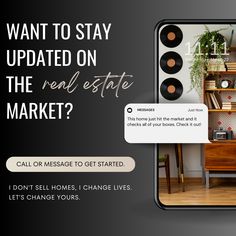 an advertisement for the real estate market with a phone showing it's homepage