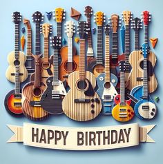 a birthday card with guitars and the words happy birthday