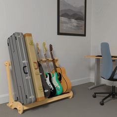 a guitar rack with guitars and other musical instruments