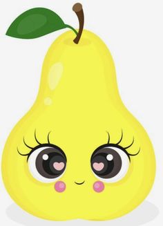 a yellow pear with big eyes and a green leaf on it's tip is shown