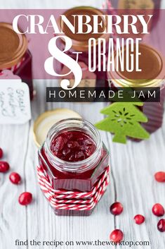 cranberry and orange homemade jam with text overlay