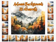 watercolor autumn backgrounds and elements for photoshopped with mountains, trees, and clouds