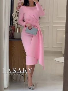 Lasaky - Elegant Midi Dress with Crew Neck and Long Sleeves in Classic Regular Fit Elegant Midi Dress, Elegant Wedding Guest Dress, Elegant Coats, Elegant Midi Dresses, Classy Dress Outfits, Turtle Neck Dress, Daily Dress, Long Sleeve Midi Dress, Types Of Dresses