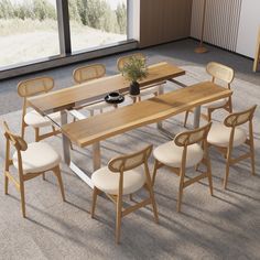 a dining table with six chairs and a potted plant on it in an empty room