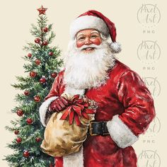 a painting of santa holding a sack next to a christmas tree