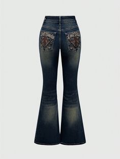 Floral & Alphabet Embroidery Women's Flare Casual Jeans, School Blue Casual   Denim Animal,Plain Flare Leg High Stretch  Women Clothing, size features are:Bust: ,Length: ,Sleeve Length: Grunge Jeans Png, 2000's Jeans, Bedazzled Pants, Hello Kitty Jeans, Flare Jeans Outfit, Alphabet Embroidery, Grunge Jeans, Floral Alphabet, Y2k Pants