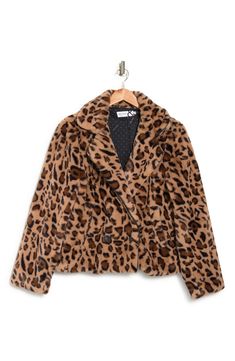 A soft faux fur jacket is detailed with a leopard print for trendy looks. 23'' length (size S) Notch collar Long sleeves Front button closure 100% polyester faux fur 
 Hand wash Imported Model stats: 5'10" height, 32" bust, 25" waist, 36" hip. Model is wearing size S. Fall Leopard Print Outerwear With Faux Fur Trim, Fall Leopard Print Fur Coat With Faux Fur Lining, Leopard Print Outerwear With Faux Fur Trim, Fall Leopard Print Faux Fur Coat, Leopard Print Fur Coat With Faux Fur Trim, Notch Collar, Last Call, Faux Fur Jacket, Fur Jacket