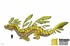 a drawing of a yellow dragon with green leaves on it's tail and wings