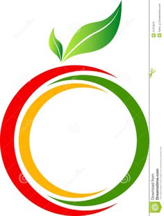 an apple with green leaves on top and red, yellow, orange and green circles around it