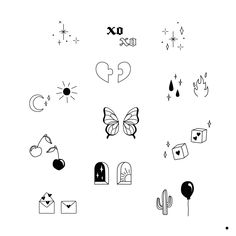 an image of various symbols and designs on a white background with stars, sun, moon, cactus