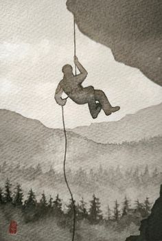 a drawing of a man hanging on to a rope in the air with trees and mountains in the background