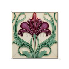 an art nouveau tile with purple flowers and green leaves on the bottom, against a white background