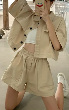 Beige Set Shorts & Shirt,It is sexy, comfy and classy. For elegant ladies, teens and women. It is street style and fitted in any outfit. Stylish Short Dresses, Shorts Outfits Women, Casual College Outfits, Beige Outfit, Easy Trendy Outfits, Simple Trendy Outfits, Korean Outfits, Casual Style Outfits, Look Cool