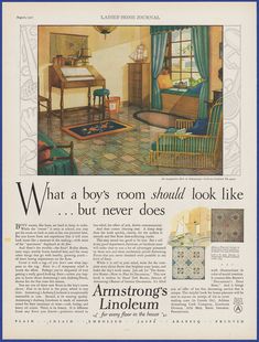 Vintage 1927 ARMSTRONG'S LINOLEUM Floor Flooring Boys Bedroom 1920's Print Ad | eBay 1950s Bedroom Decor, Vintage House Interior, 1920s Interior, Flooring Bedroom, Vintage Christmas Wrapping Paper, English Interior, Linoleum Print, Linoleum Flooring, Grandma's House