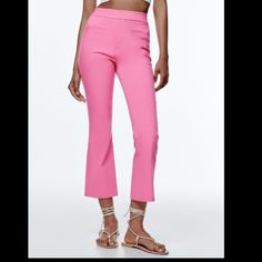 Zara Mini Flare Pants Spring Pink Pants With Pockets, Pink Ankle-length Pants With Pockets, Elegant Pink Ankle-length Pants, High Waist Pink Bottoms For Spring, High-waist Pink Bottoms For Spring, Pink Ankle-length Summer Pants, Elegant Pink Stretch Pants, Elegant Stretch Pink Pants, Pink High-waisted Summer Pants