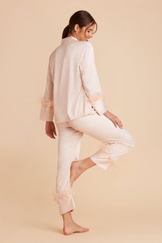 Bridesmaid wedding day gifts get a unique twist with our feather-trimmed blush satin long-sleeved pajama sets for the most trendy, modern, getting ready look. This is the day to be over-the-top. Make sure your bridesmaids are, too, in matching feather pjs.nThis item runs small, we recommend sizing up! | Blush Getting Ready Satin Size Medium | Birdy Grey Feathered Pajama Set Chic Pink Sleepwear For Wedding Night, Elegant Pink Loungewear Set, Elegant Pink Sleepwear For Loungewear, Elegant Sleepwear For Pajama Party In Spring, Feminine Long Sleeve Satin Sleepwear, Elegant Pink Sleepwear For Pajama Party, Chic Satin Sleepwear For Loungewear, Feminine Long Sleeve Party Sleepwear, Chic Long Sleeve Sleepwear For Parties