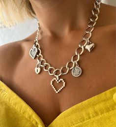 A Handmade Love Necklace that is made with chains from Stainless Steel and heart charms as pendants that create a really special result. The necklace opens and closes with its bar, so it allows it to be adjustable until 49 cm. Find it only at Christina Christi Store. My Women Necklaces Collection: https://etsy.me/2G3pmJD MATERIALS - Stainless Steel Chain - Hearts and charms are made from metal. DIMENSIONS - Love Necklace, has length 46 cm (18.1'')  - If you would like to have more or less cm to Silver Heart Necklace With Chain For Mother's Day, Personalized Heart Chain Necklace For Valentine's Day, Mother's Day Silver Heart Necklace With Chain, Mother's Day Silver Heart Necklace, Heart-shaped Metal Chain Necklace With Charms, Trendy Heart-shaped Metal Charm Necklaces, Cute Metal Jewelry With Heart Charm, Personalized Metal Chain Necklace For Valentine's Day, Silver Metal Chain Necklace For Mother's Day