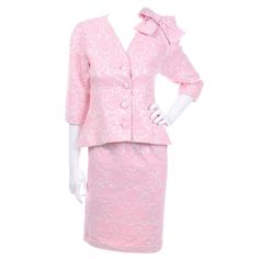 Guy Laroche Boutique Paris Vintage Pink Skirt Suit With Bow | From a unique collection of rare vintage Skirt Suits at https://www.1stdibs.com/fashion/clothing/suits-outfits-ensembles/skirt-suit/. Pink Formal Sets For Spring, Elegant Spring Daywear Sets, Elegant Pink Skirt Suit For Party, Elegant Pink Party Skirt Suit, Elegant Daywear Sets For Spring, Spring Pink Skirt Suit For Party, Feminine Fitted Skirt Suit For Spring, Elegant Pink Evening Set, Elegant Pink Evening Sets