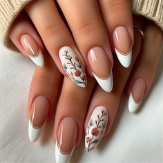 Simple Bridesmaid Nail Ideas, Woodsy Nail Designs, Acrylic Nail French Tip With Design, Subtle Floral Nails, Elegant Floral Nails, Fall Nails Floral, French Tips With Nail Art, Boho French Tip Nails, Sophisticated Nail Art