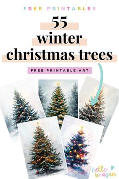 five christmas trees with the text 5 winter christmas trees free printable art