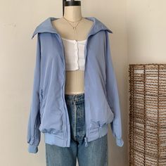 Brandy Melville Nwot Blue Cotton Windbreaker With Pockets, Light Blue Winter Tops With Pockets, Blue Outerwear For Fall, Blue Solid Color Outerwear For Fall, Blue Long-sleeved Windbreaker With Pockets, Blue Solid Color Fall Outerwear, Blue Long Sleeve Outerwear For Spring, Blue Cotton Long Sleeve Outerwear, Spring Long Sleeve Blue Outerwear