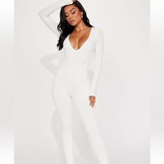 Brand New, Never Worn. Fitted White V-neck Jumpsuits And Rompers, White V-neck Bodysuit For Loungewear, White Stretch V-neck Jumpsuits And Rompers, White Fitted V-neck Jumpsuit, Fitted White V-neck Jumpsuit, Fashion Nova Pants, White Jumpsuit, White Long Sleeve, Fashion Nova