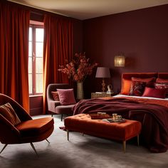 Burgundy Bedroom With Orange Curtains Wine Color Bedroom Ideas, Gold Rustic Decor, Wine Bedroom, Bordeaux Bedroom, Maroon Bedroom, Colourful Room, Burgundy Room, Burgundy Bedroom, Autumn Bedroom