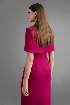 Rina Sheath Cape Shoulder Felt Midi Dress | MEAN BLVD Formal Mini Dress With Cape Sleeves, Chic Fitted Mini Dress With Cape Sleeves, Elegant Dress With Cape Sleeves, Chic Cape Dress For Formal Occasions, Elegant Mini Dress With Cape Sleeves For Party, Elegant Fitted Cape Dress, Formal Fitted Cape Dress, Fitted Cape Dress For Party, Luxury Cape Dress For Formal Occasions