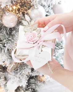 a person holding a small present in front of a christmas tree