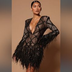 Worn Twice Fits True To Size Color: Black/Nude Jacket Over Dress Formal Classy, 40th Birthday Dresses For Women, Feather Sleeve Dress, Evening Outfits For Women, Clothes Sites, 30th Birthday Outfit, New Years Eve Dress, Bodycon Evening Dress, Mini Dress Long Sleeve