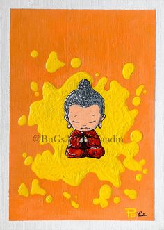 an orange and yellow painting with a small buddha figure on it's chest, surrounded by bubbles